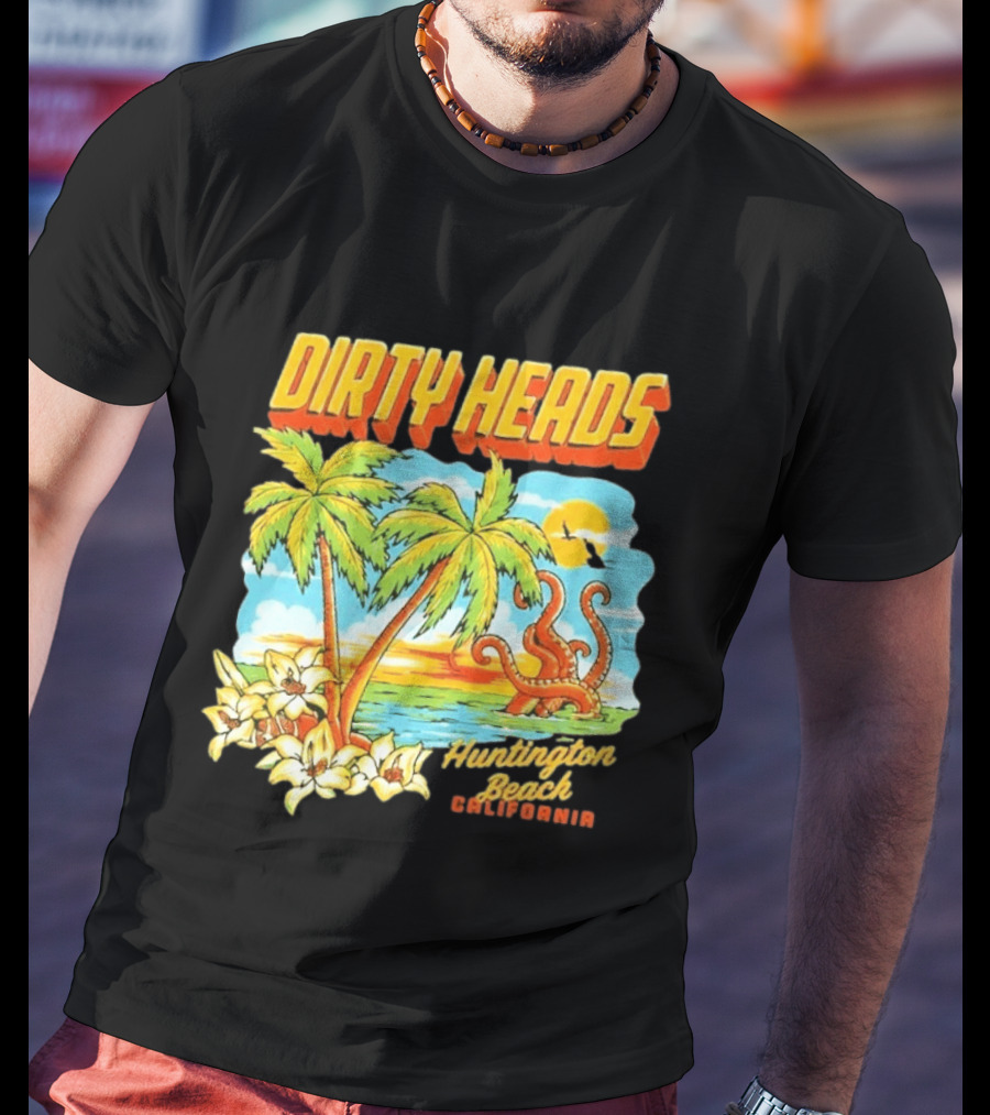 Dirty Heads Tropical Beach Palm Trees Ocean Sunset Octopus Huntington Beach California T-Shirt