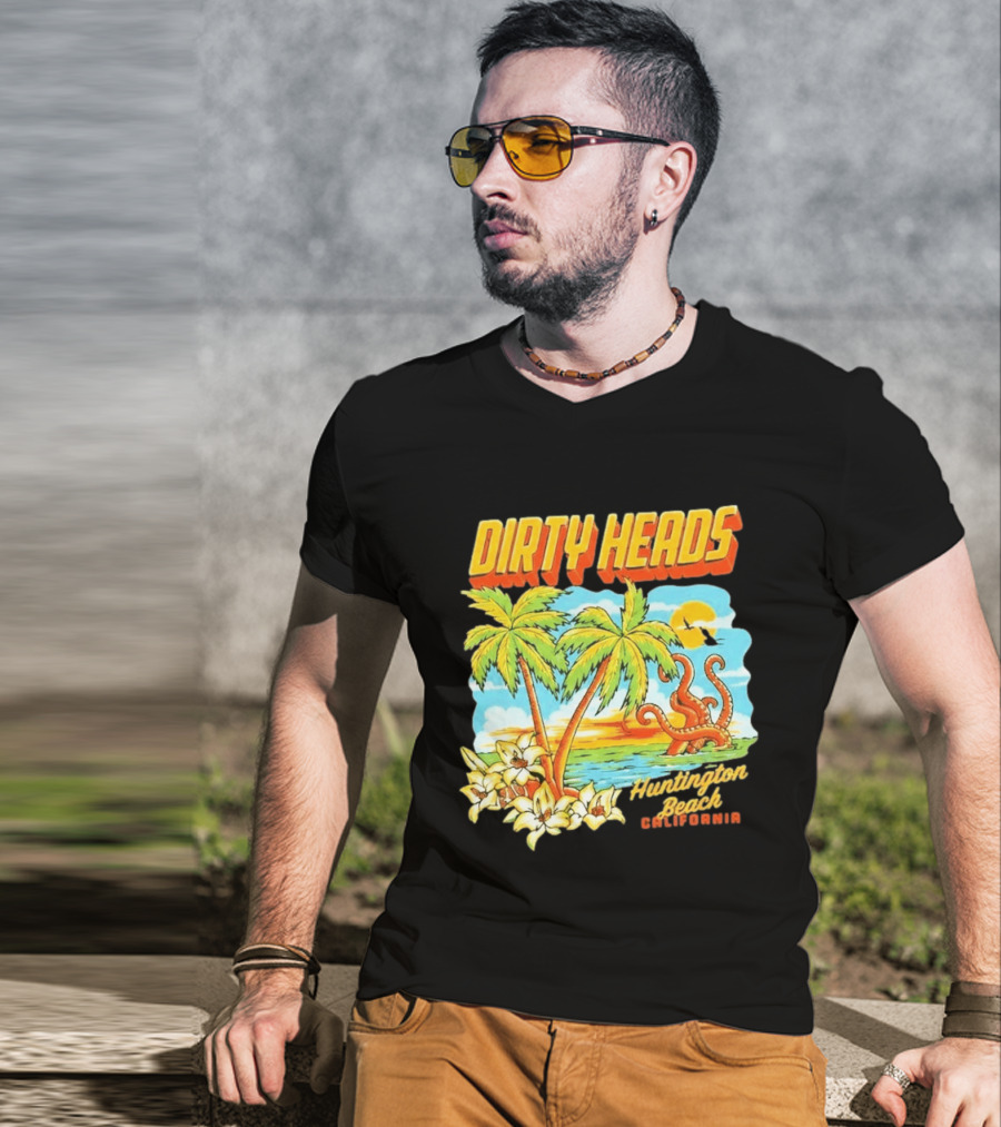 Dirty Heads Tropical Beach Palm Trees Ocean Sunset Octopus Huntington Beach California T-Shirt