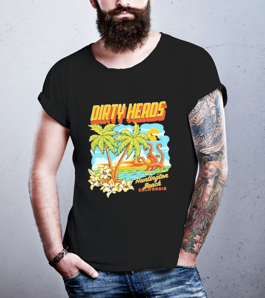 Dirty Heads Tropical Beach Palm Trees Ocean Sunset Octopus Huntington Beach California T-Shirt