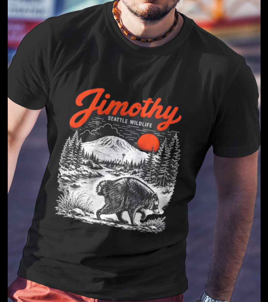 Jimothy Seattle Wildlife Raccoon With Mountain And Space Needle T-Shirt