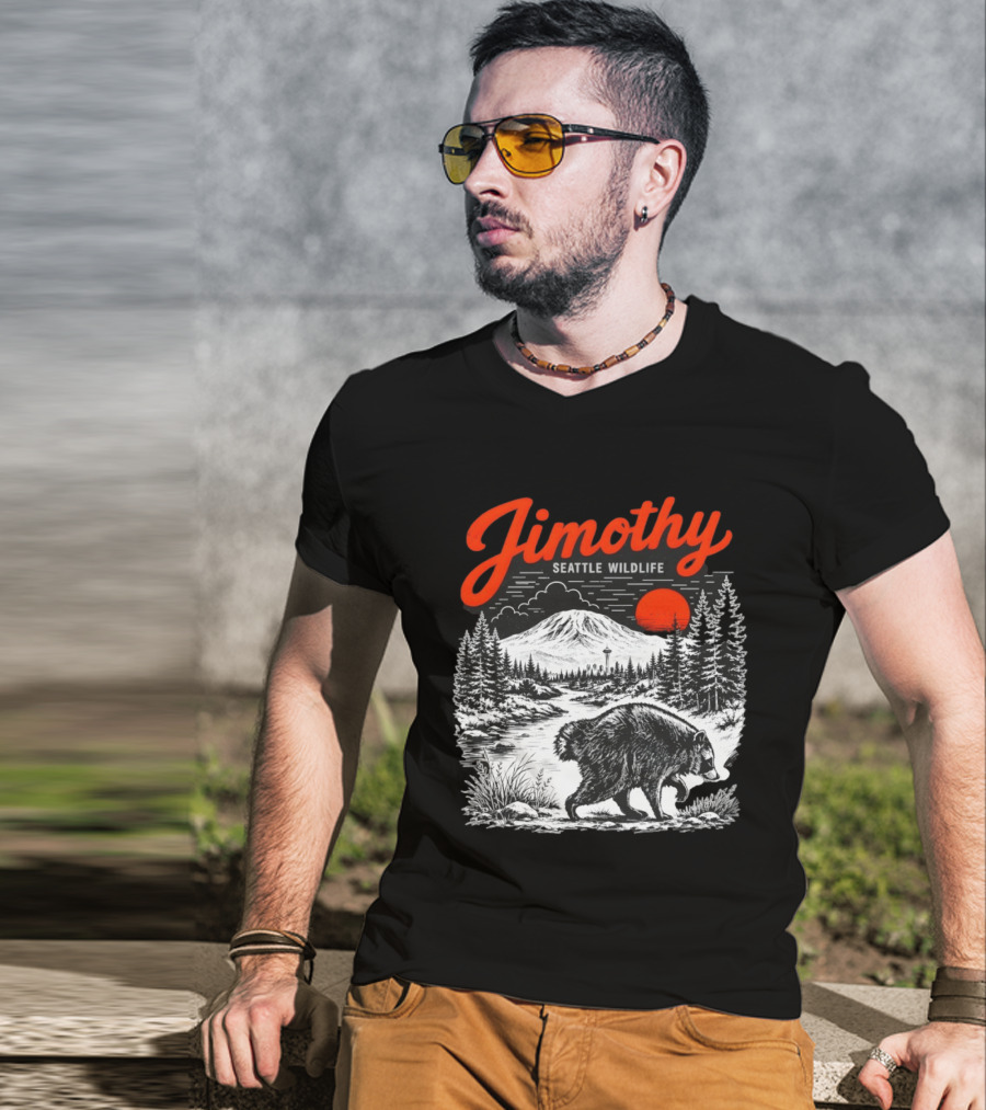 Jimothy Seattle Wildlife Raccoon With Mountain And Space Needle T-Shirt