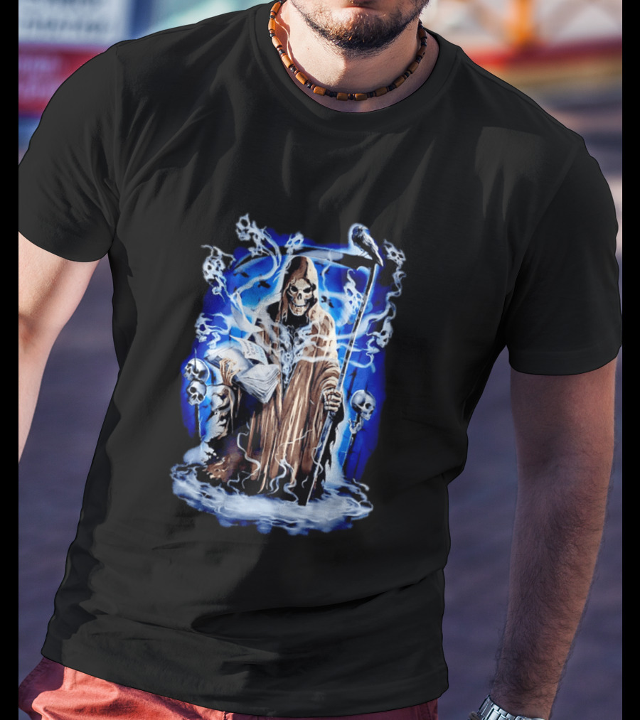 Sooner Than You Think Grim Reaper Skull And Scythe In Blue Mist T-Shirt