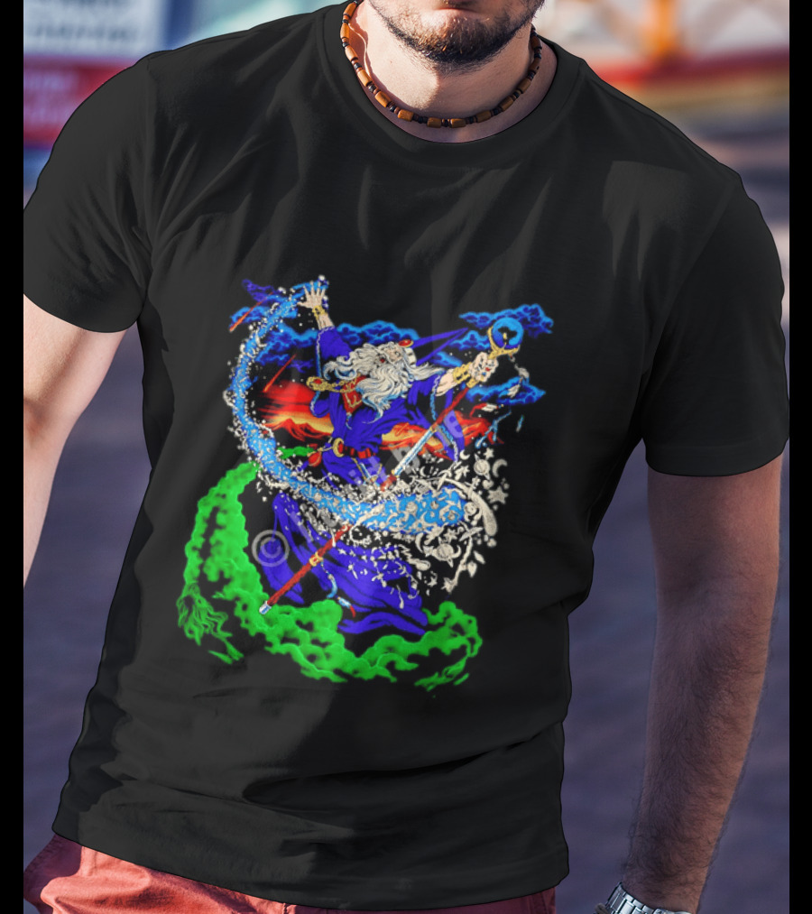 Wizard Casting Magic Conjuring Galaxies Fantasy Aurora Sky T-Shirt