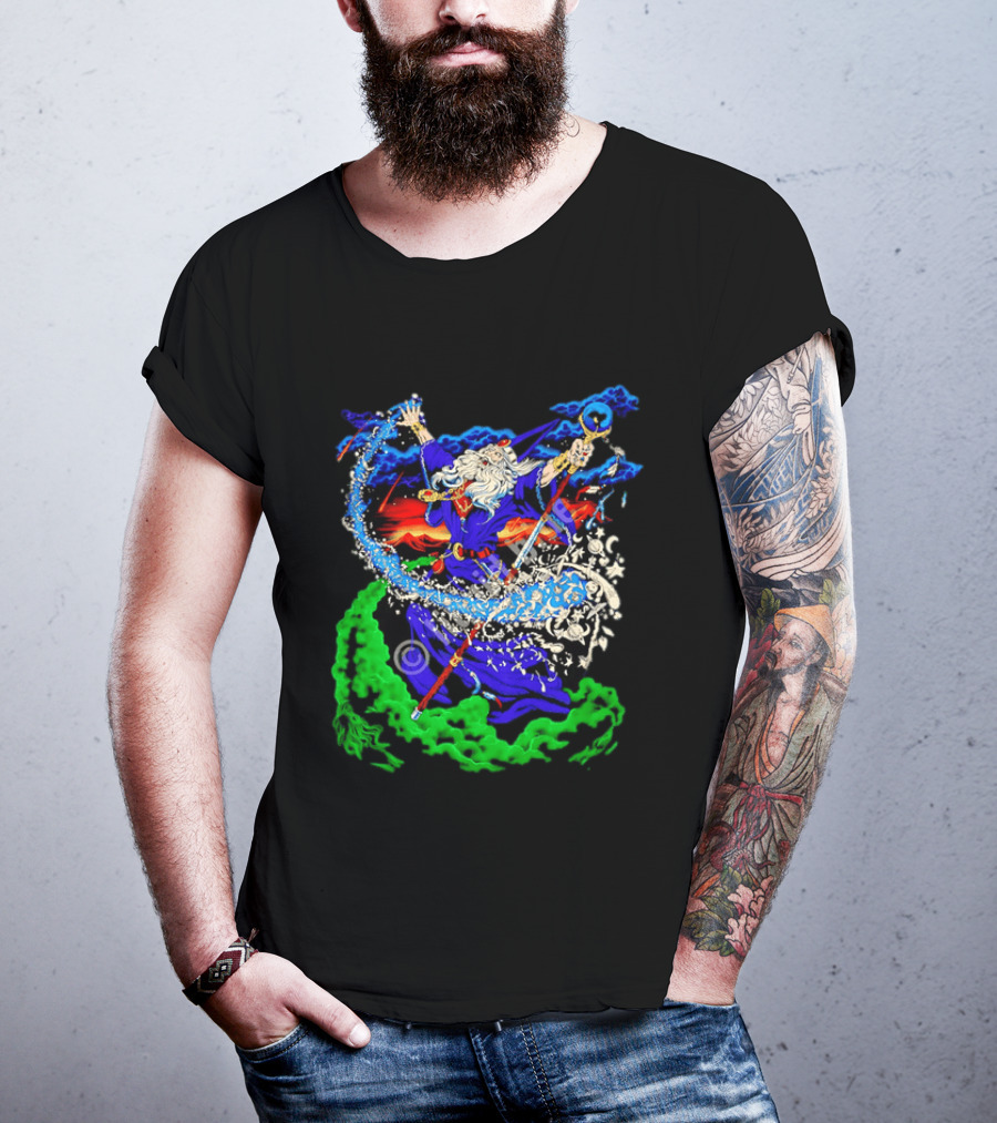 Wizard Casting Magic Conjuring Galaxies Fantasy Aurora Sky T-Shirt