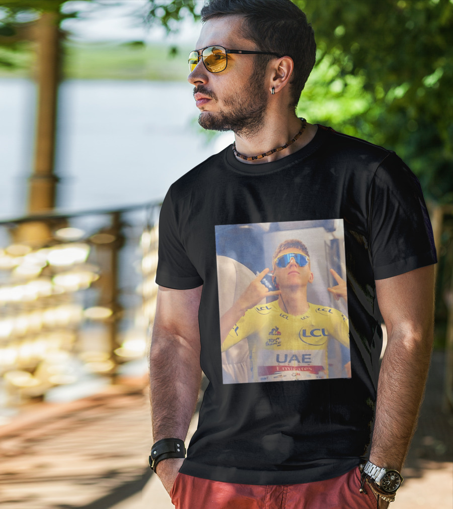 Tadej Pogačar In UAE Emirates Tour De France LCL Yellow Jersey With Sunglasses T-Shirt