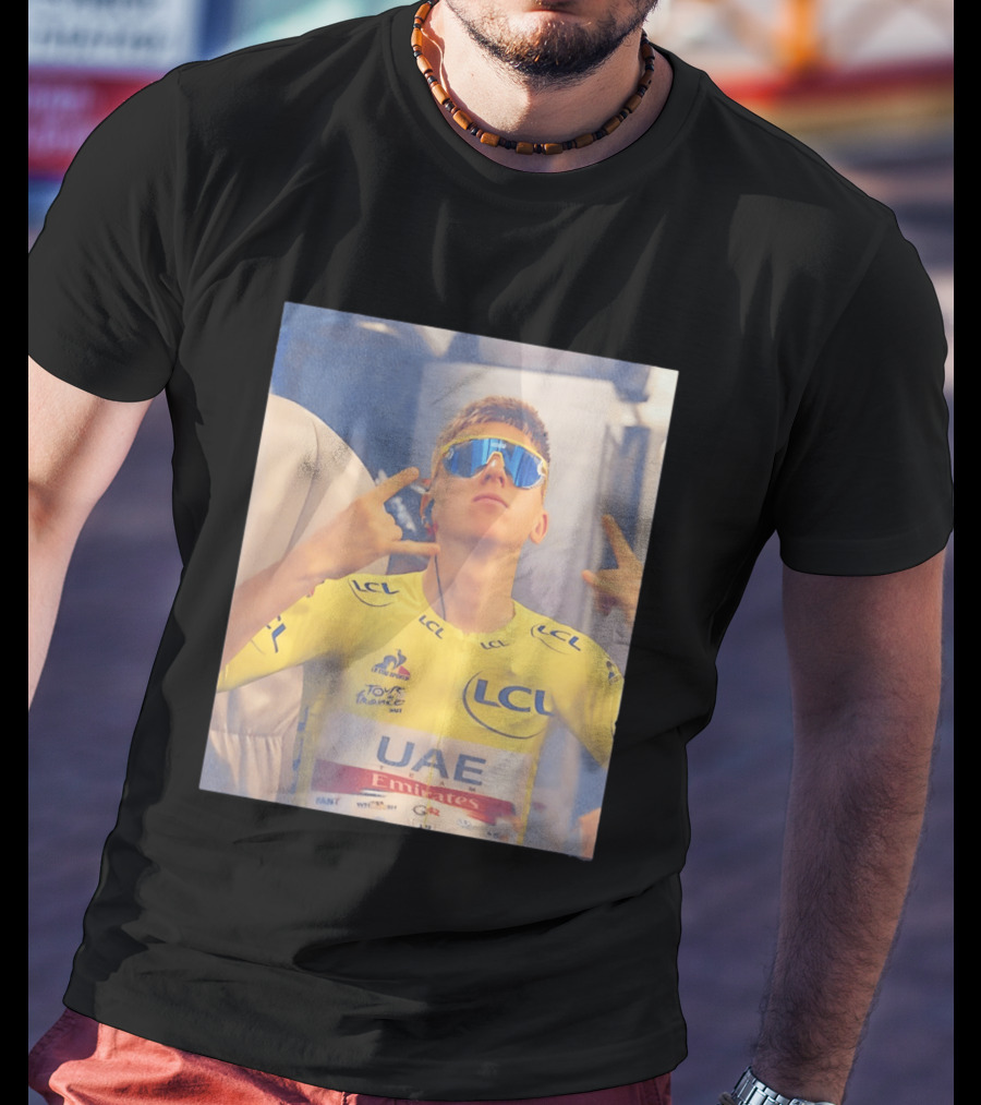 Tadej Pogačar In UAE Emirates Tour De France LCL Yellow Jersey With Sunglasses T-Shirt