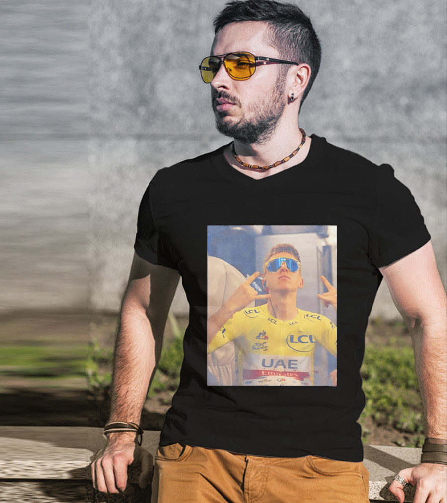 Tadej Pogačar In UAE Emirates Tour De France LCL Yellow Jersey With Sunglasses T-Shirt