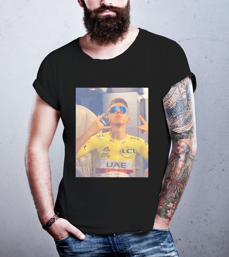 Tadej Pogačar In UAE Emirates Tour De France LCL Yellow Jersey With Sunglasses T-Shirt