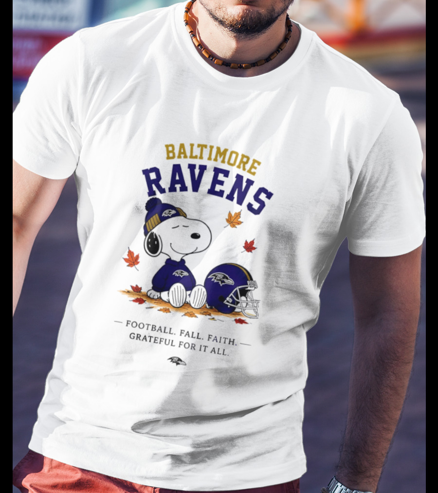 Baltimore Ravens Snoopy Football Fall Faith Grateful For It All T-Shirt