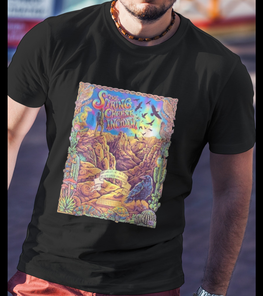 The String Cheese Incident Salt Lake City Utah Red Butte Garden Amphitheatre July 22 2026 Psychedelic Desert Scene With Wildlife And Cactus T-Shirt