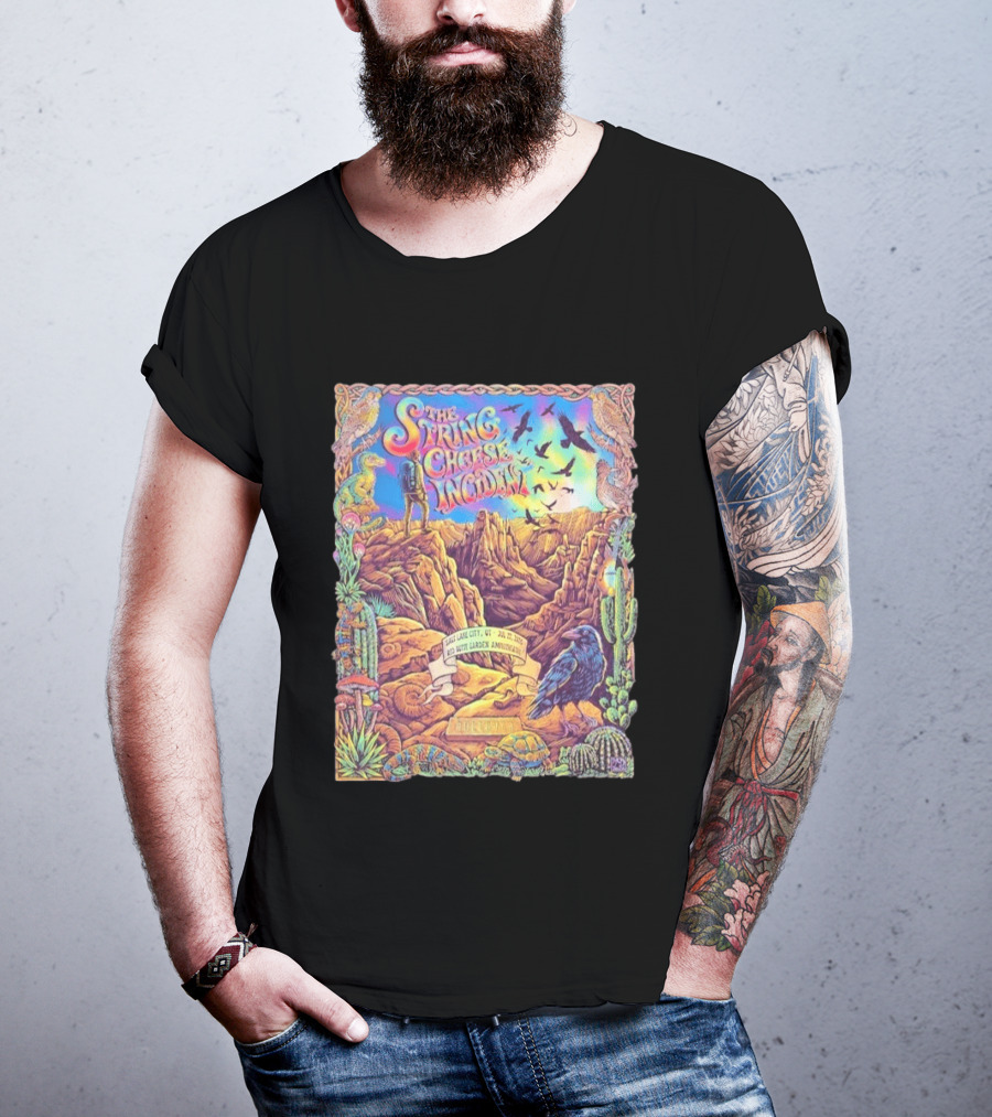 The String Cheese Incident Salt Lake City Utah Red Butte Garden Amphitheatre July 22 2026 Psychedelic Desert Scene With Wildlife And Cactus T-Shirt