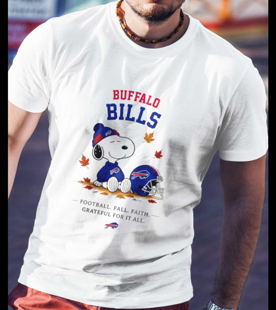 Buffalo Bills Snoopy Football Fall Faith Grateful For It All Leaves T-Shirt