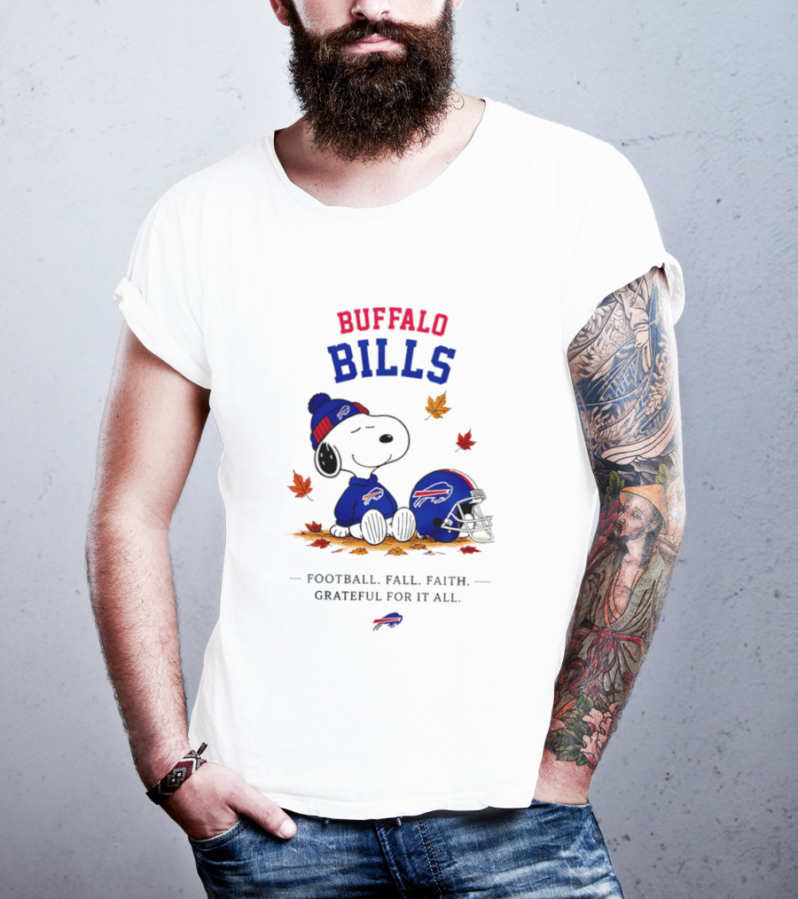Buffalo Bills Snoopy Football Fall Faith Grateful For It All Leaves T-Shirt