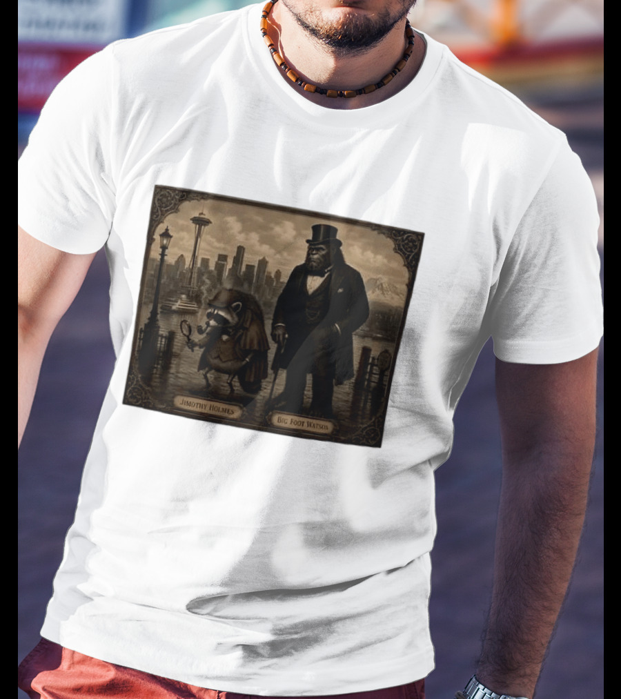 Jimothy Holmes Bigfoot Watson In Vintage Detective Scene Seattle Skyline T-Shirt