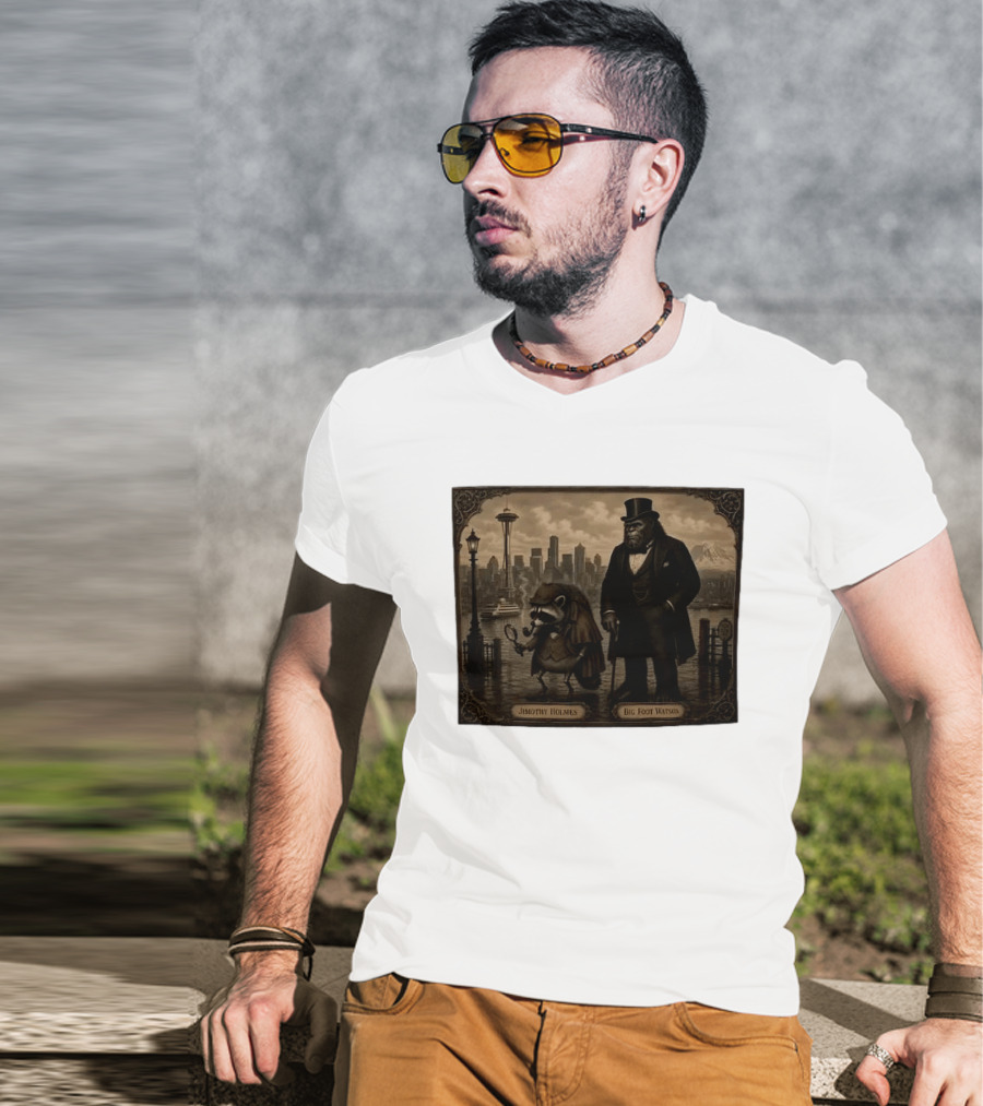 Jimothy Holmes Bigfoot Watson In Vintage Detective Scene Seattle Skyline T-Shirt