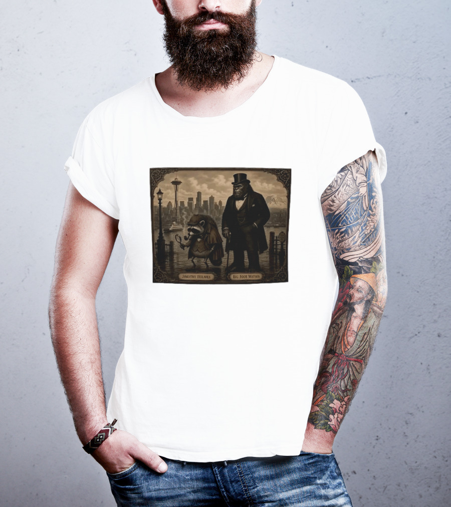 Jimothy Holmes Bigfoot Watson In Vintage Detective Scene Seattle Skyline T-Shirt