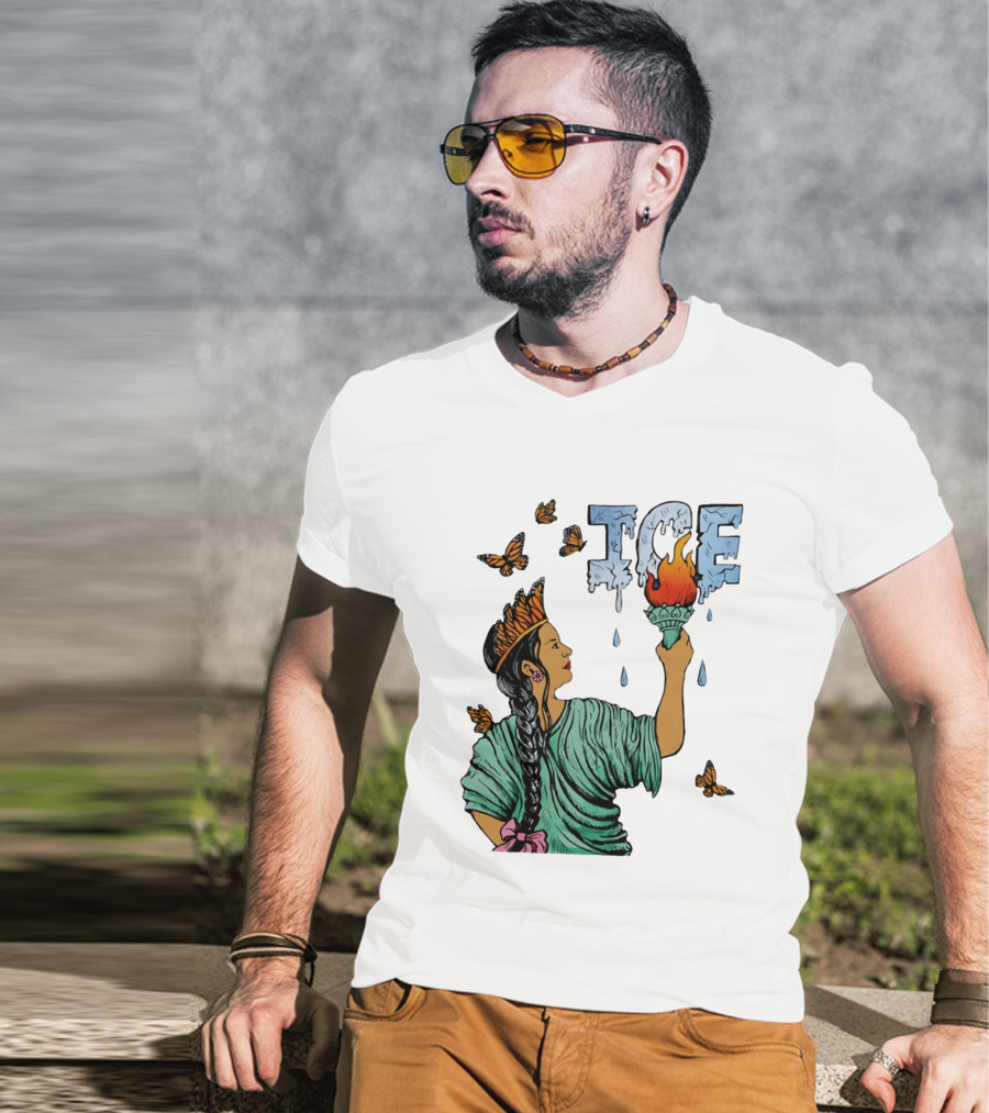 Liberty ICE Melt Activism With Monarch Butterflies And Torch Symbolism T-Shirt
