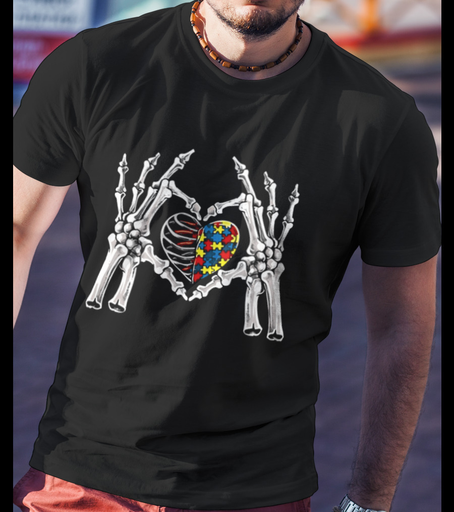 Autism Awareness Gothic Skull Hand Heart Puzzle Halloween 2026 T-Shirt