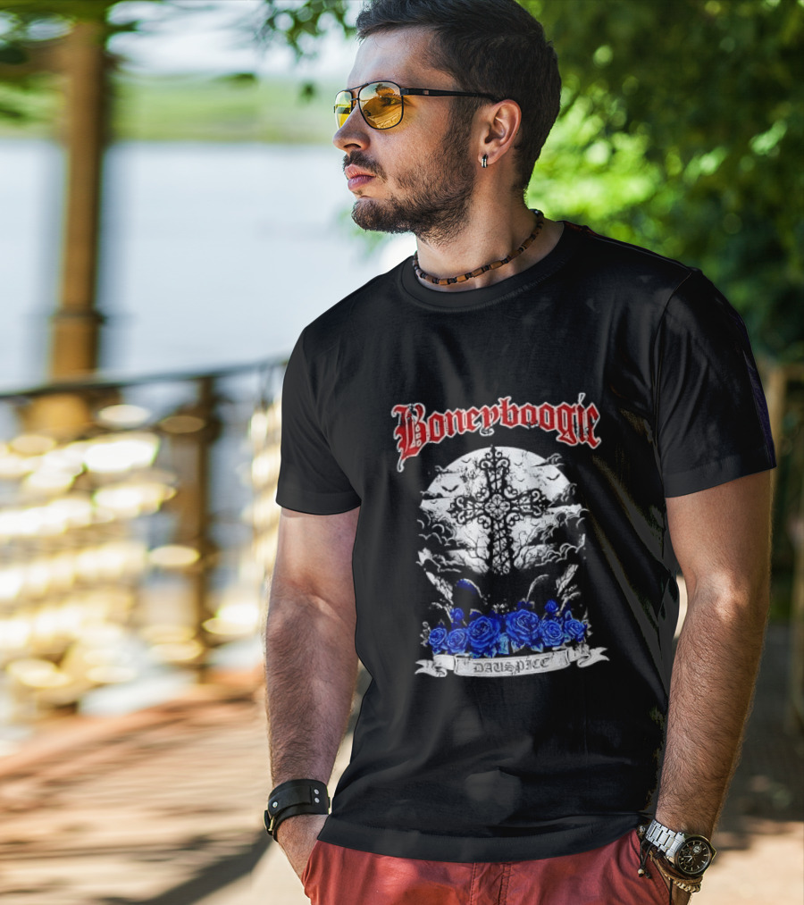Boneyboogie Gothic Cross With Blue Roses And Full Moon T-Shirt