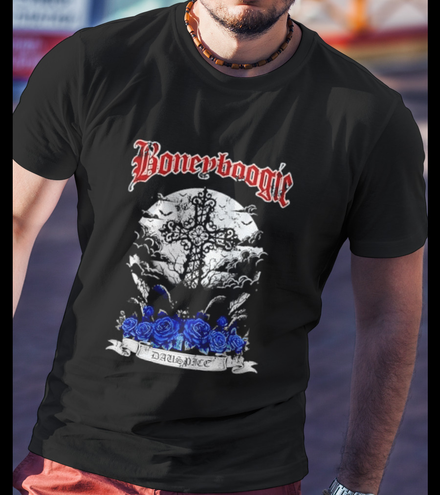 Boneyboogie Gothic Cross With Blue Roses And Full Moon T-Shirt