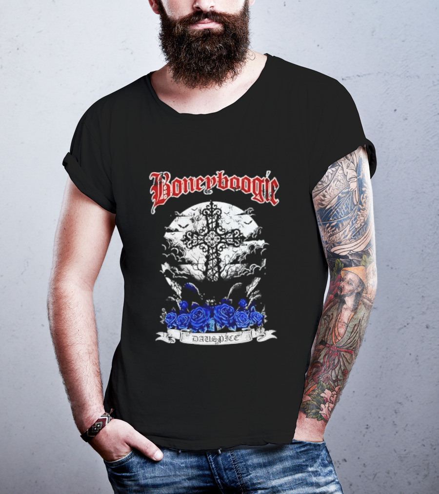 Boneyboogie Gothic Cross With Blue Roses And Full Moon T-Shirt