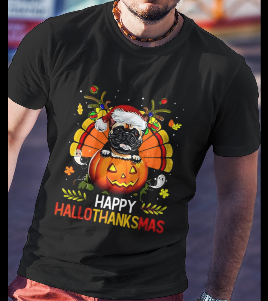 Happy Hallothanksmas Bulldog With Santa Hat Pumpkin And Turkey Feathers 2026 T-Shirt