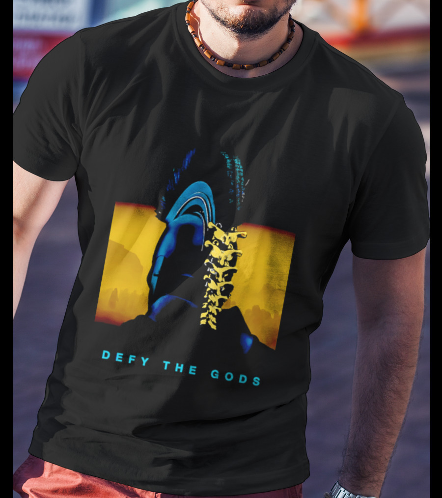 Defy The Gods Spartan Warrior Helmet Art Blue And Gold T-Shirt