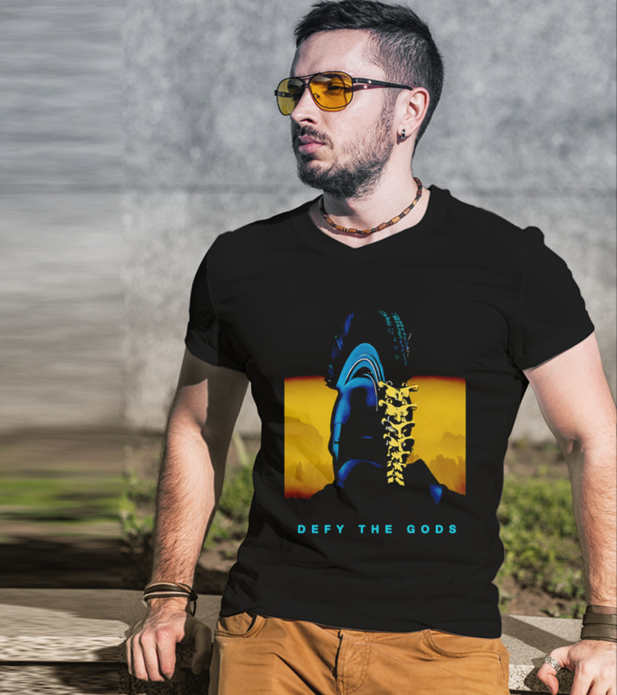 Defy The Gods Spartan Warrior Helmet Art Blue And Gold T-Shirt
