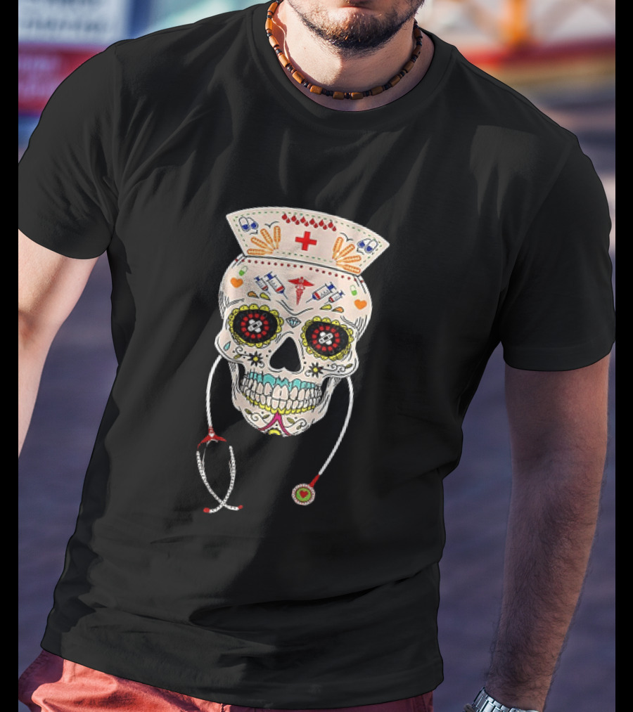 Nurse Sugar Skull Halloween Day Of The Dead Dia De Los Muertos T-Shirt