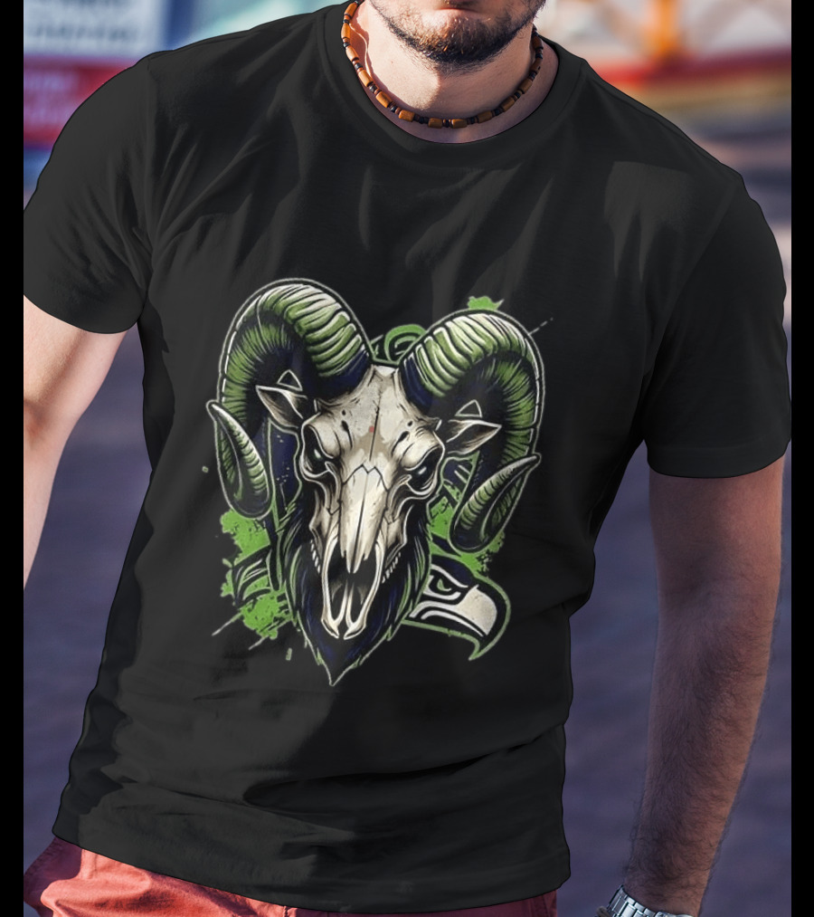 Seattle Seahawks Runs In My Blood Skeleton Ram Skull Fan T-Shirt