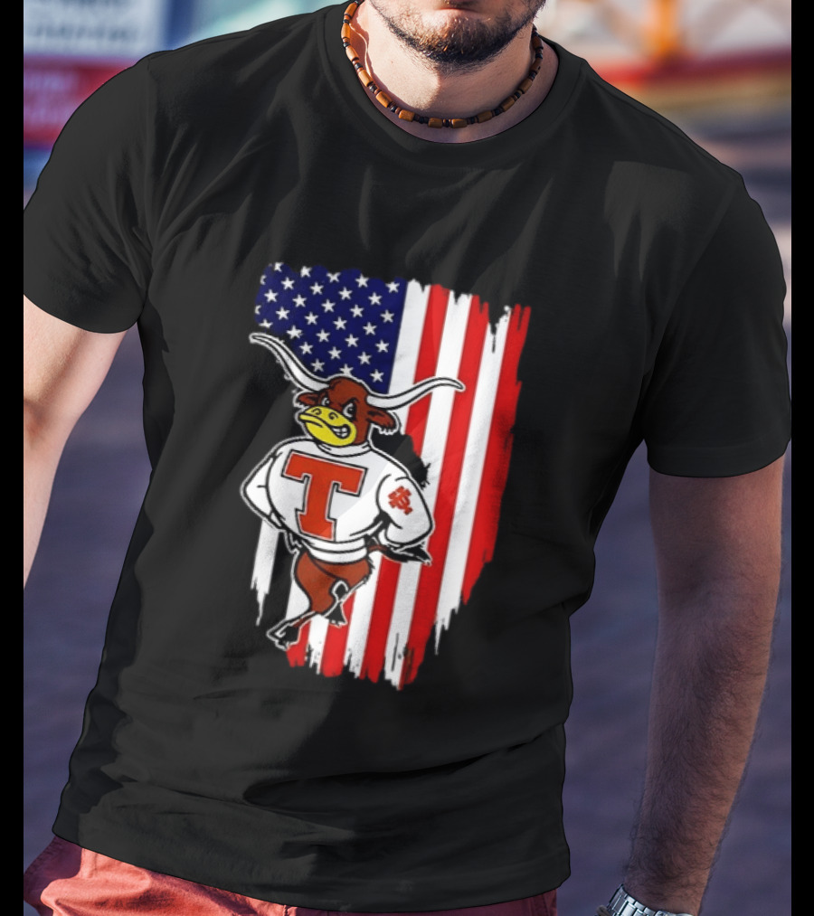 Texas Longhorns Mascot Over USA Flag T-Shirt