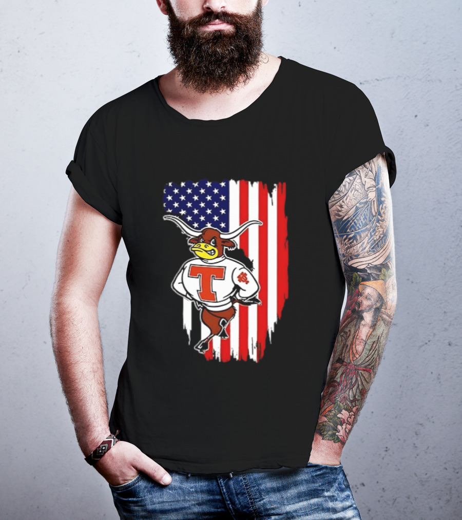 Texas Longhorns Mascot Over USA Flag T-Shirt