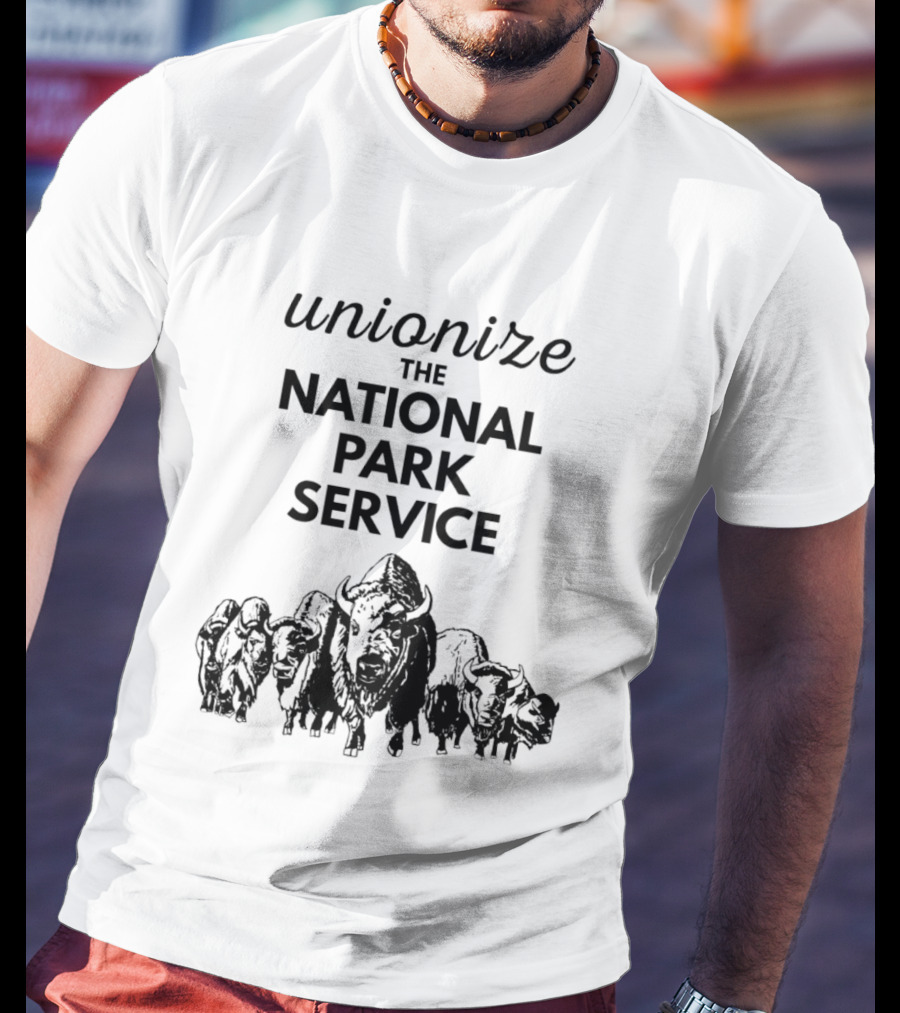 Unionize The National Park Service Bison Herd Oso Artists Orchard Button T-Shirt