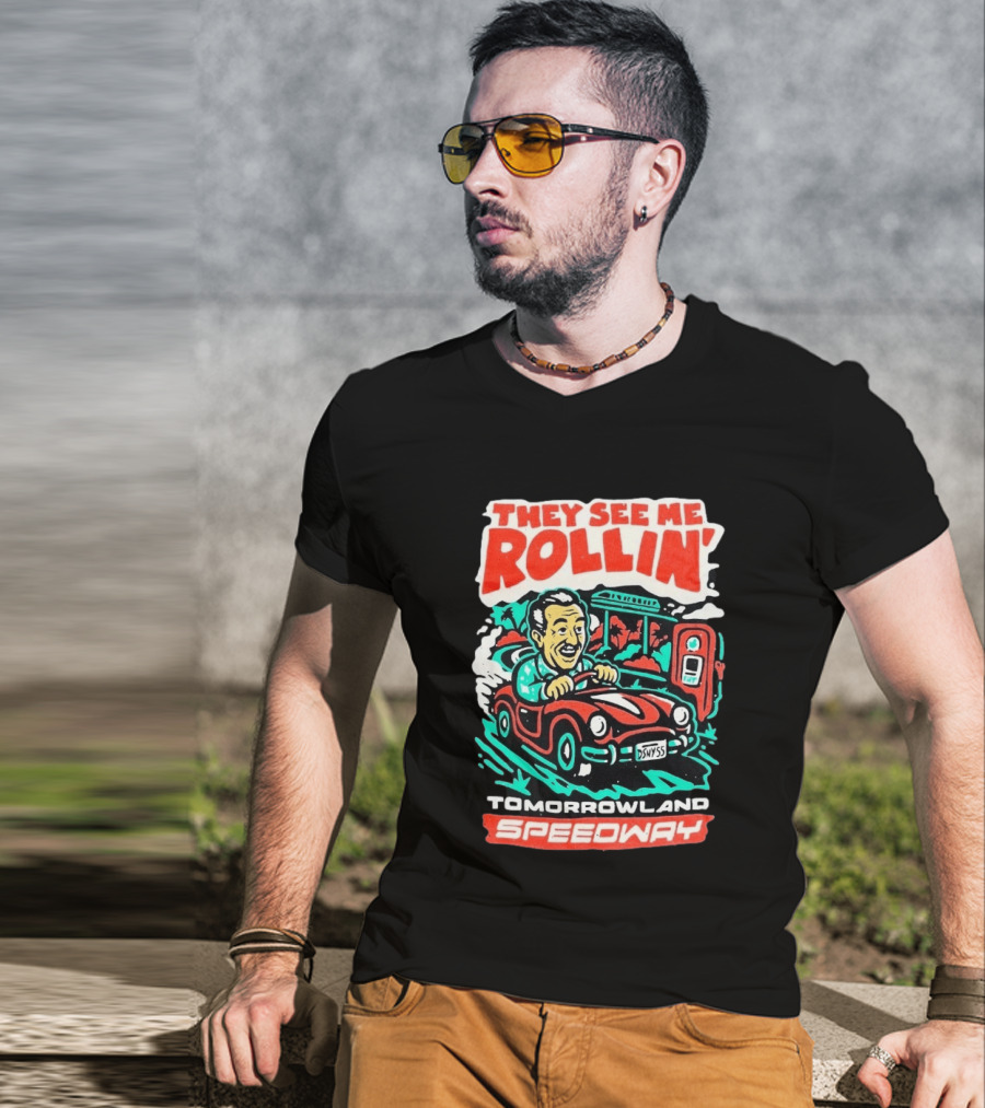 They See Me Rollin Tomorrowland Speedway DSNY55 Red Car T-Shirt