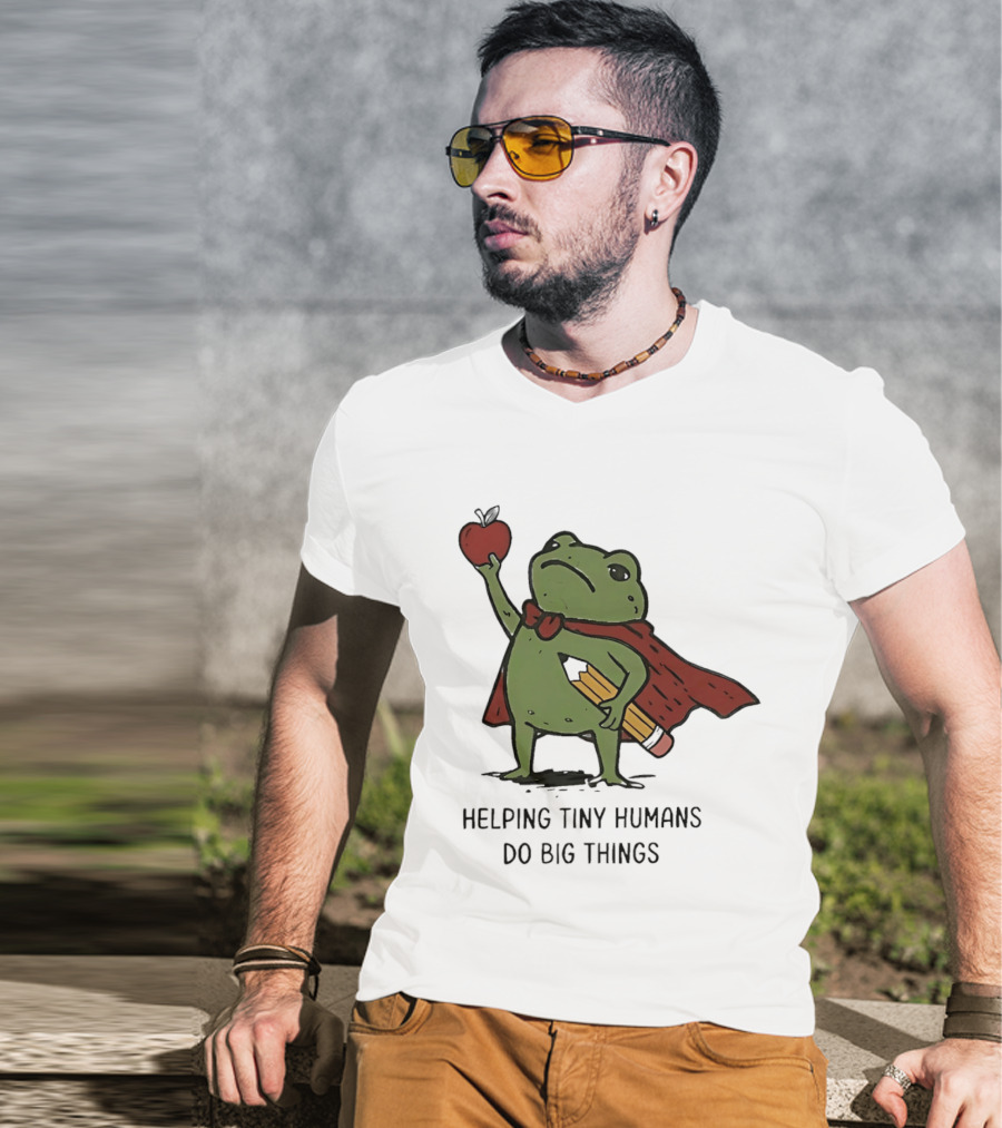 Helping Tiny Humans Do Big Things Cartoon Frog With Apple And Pencils T-Shirt