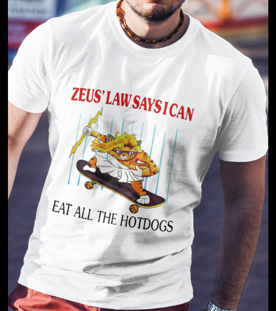 Zeus' Law Says I Can Eat All The Hotdogs Cat Holding Lightning Skateboard T-Shirt