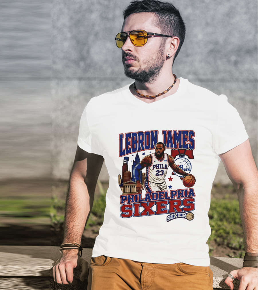 LeBron James Philadelphia Sixers No 23 Jersey Cityscape Basketball T-Shirt