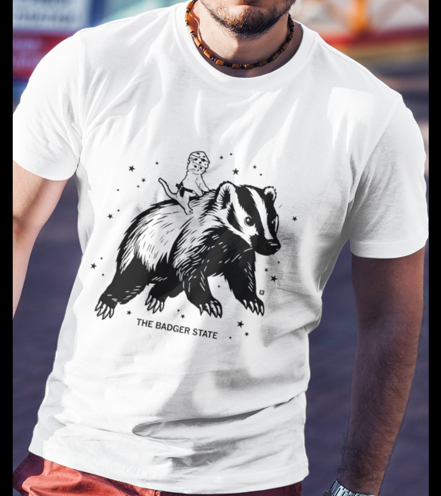 The Badger State Cat Wearing Cheese Hat On Badger With Stars T-Shirt