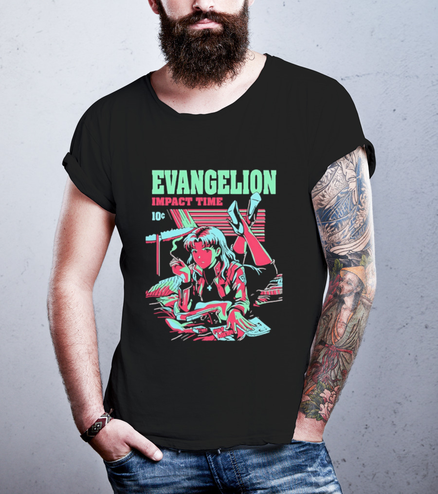 Evangelion Impact Time Misato Katsuragi Smoking Gun Bed Pulp Fiction Visual 90s T-Shirt