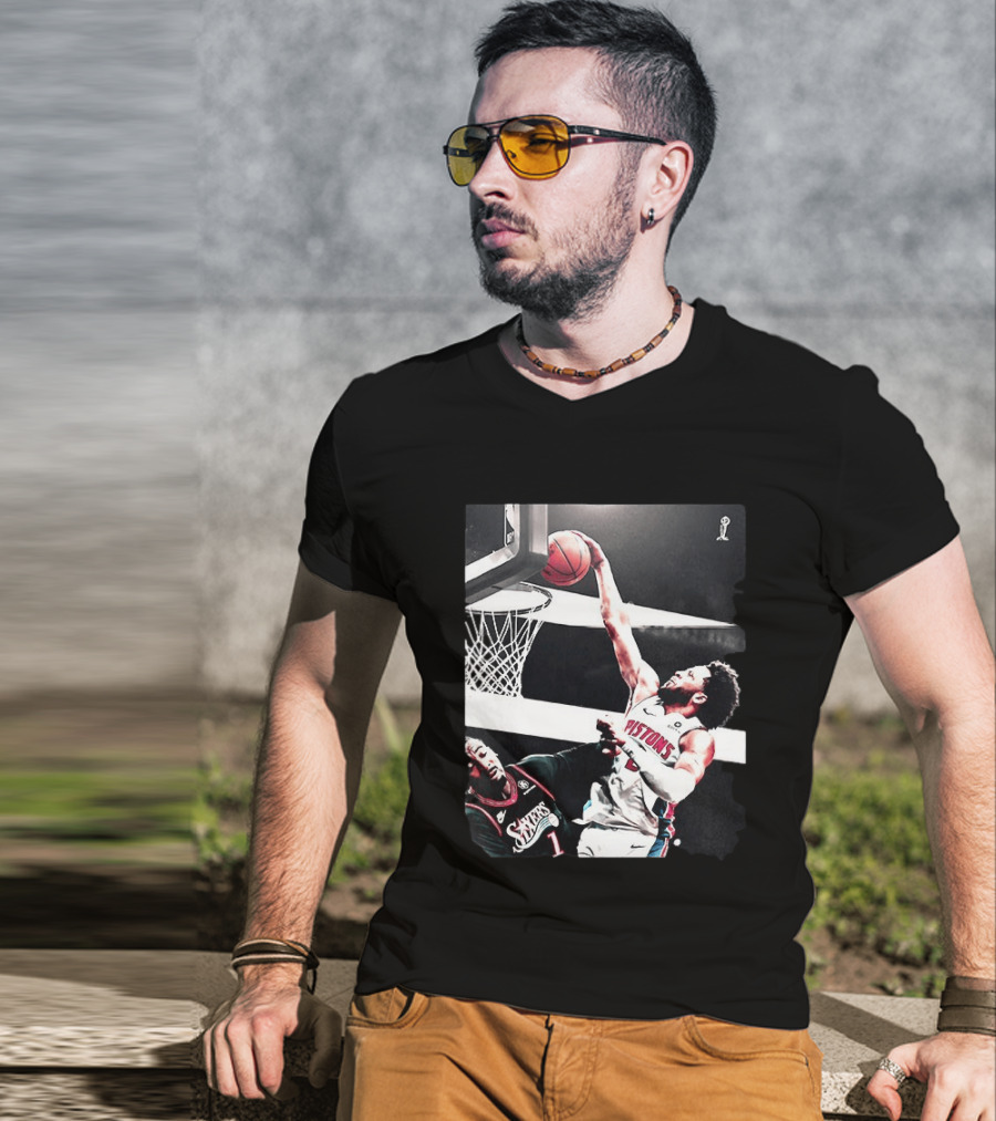 Pistons Cade Cunningham Slam Dunk Vs 76ers Andrei Drummond NBA Action T-Shirt