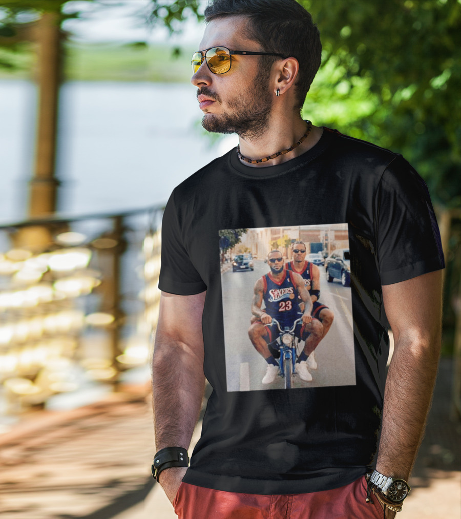 Philadelphia 76ers LeBron James Allen Iverson Duo On Bicycle T-Shirt