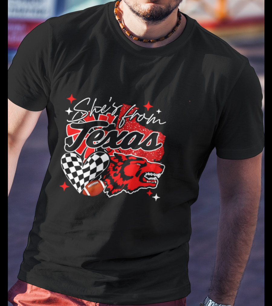 Cheerleading Texas Football Wolf She's From Texas Heart Checkered Ball Stars T-Shirt