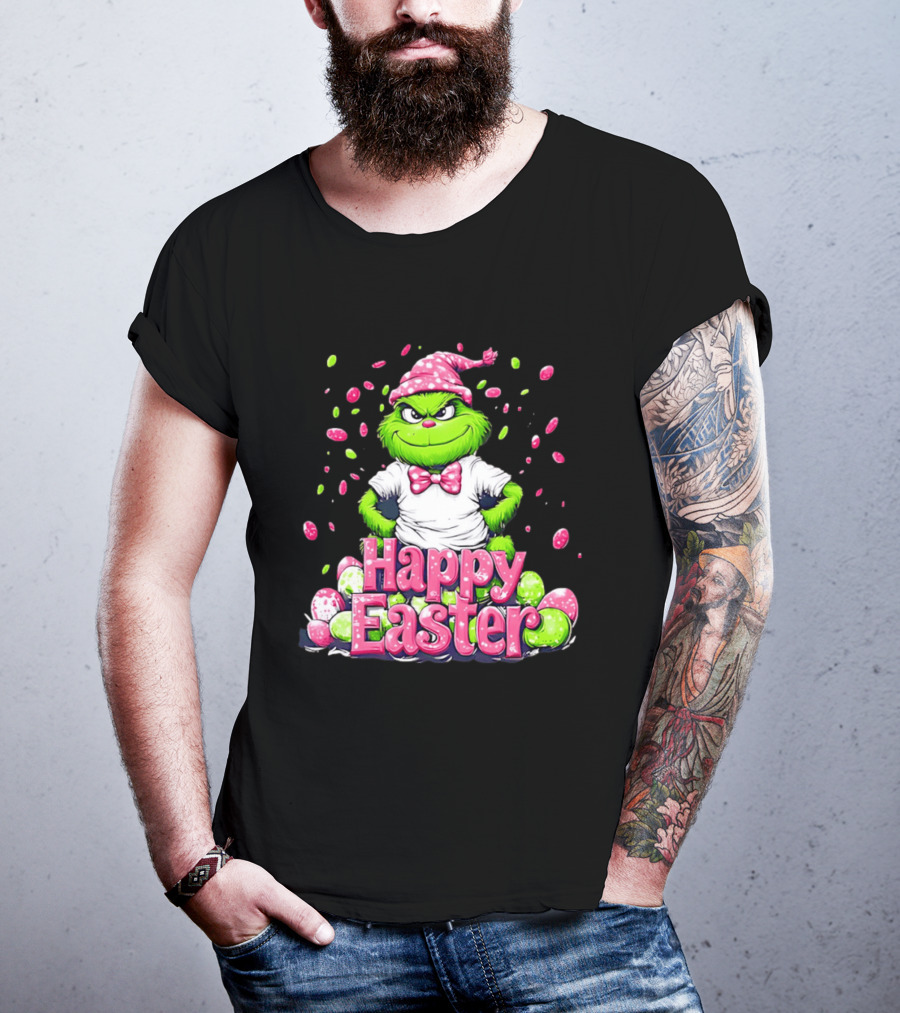 Happy Easter Grinch In Festive Hat With Colorful Eggs T-Shirt