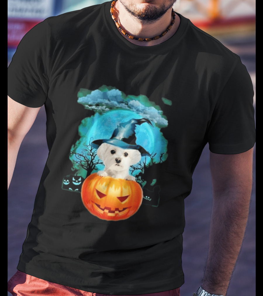Happy Halloween White Maltese Witch Hat Pumpkin Blue Moon T-Shirt