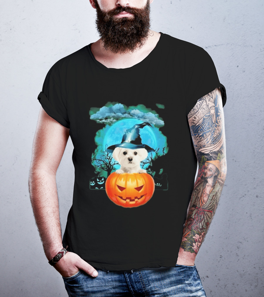 Happy Halloween White Maltese Witch Hat Pumpkin Blue Moon T-Shirt