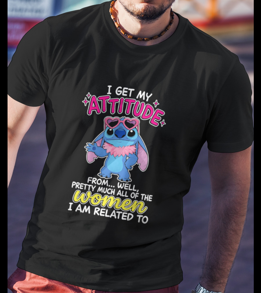 I Get My Attitude From Pretty Much All Of The Women I Am Related To Cute Blue Cartoon Character With Pink Accessories T-Shirt