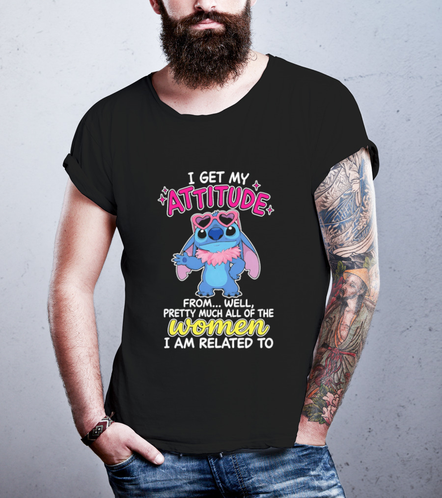 I Get My Attitude From Pretty Much All Of The Women I Am Related To Cute Blue Cartoon Character With Pink Accessories T-Shirt