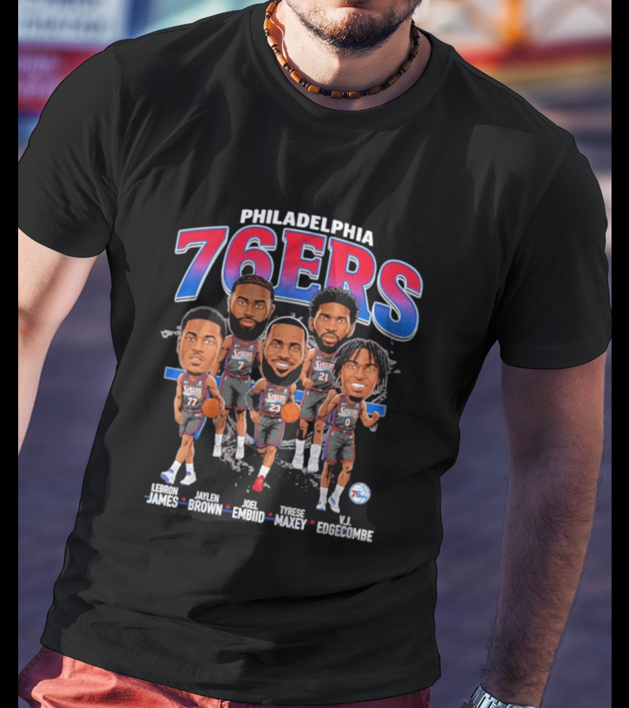 Philadelphia 76ers LeBron James Jaylen Brown Joel Embiid Tyrese Maxey VJ Edgecombe Caricature T-Shirt