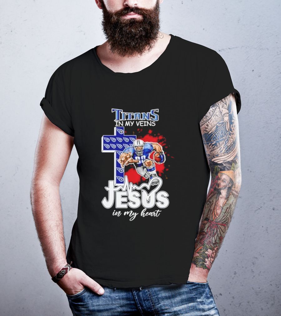 Titans In My Veins Jesus In My Heart Football Player Cross T-Shirt