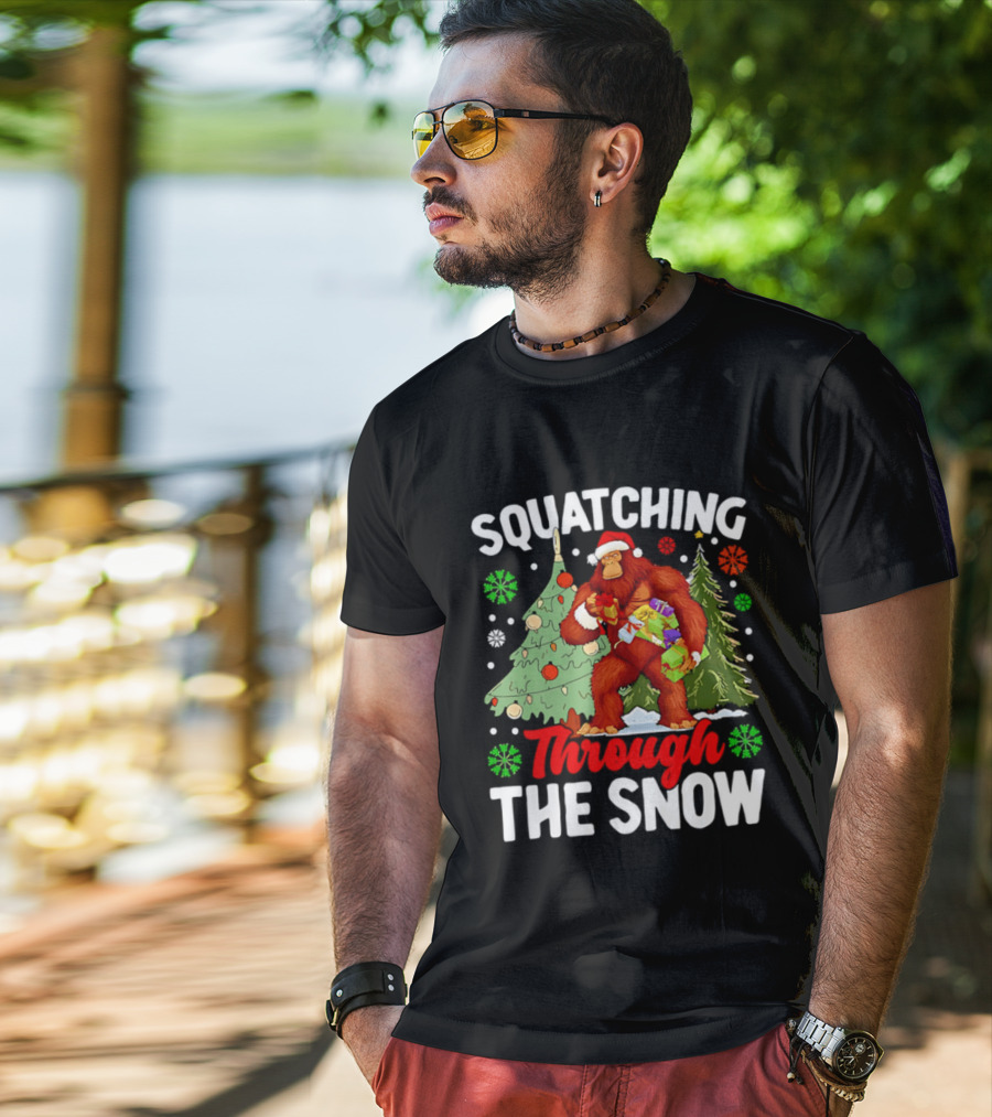 Squatching Through The Snow Bigfoot Christmas Tree Holiday Santa Big Foot T-Shirt
